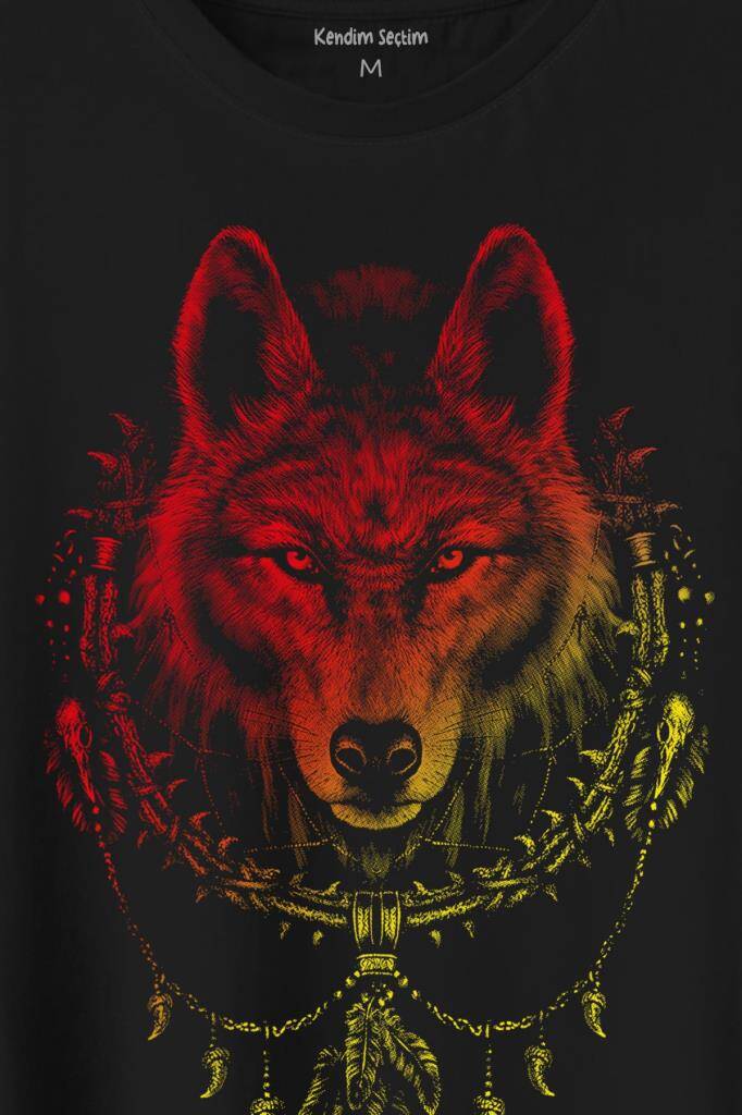 Bozkurt Kurt Kafası Wolf Sarı Kırmızı Baskılı Tişört Unisex T-Shirt (1)