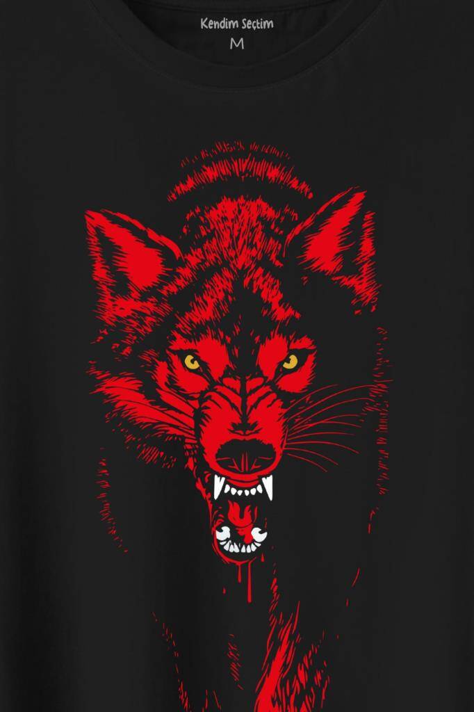 Bozkurt Kurt Kafası Wolf Sarı Kırmızı Baskılı Tişört Unisex T-Shirt (1)