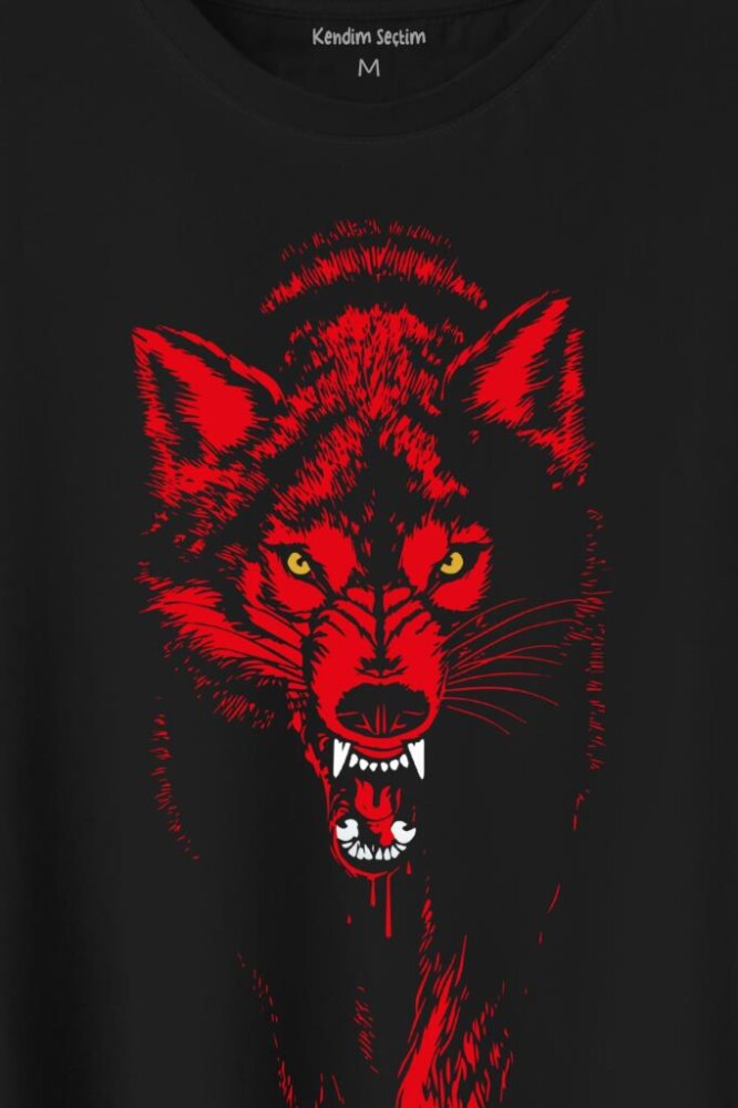 Bozkurt Kurt Kafası Wolf Sarı Kırmızı Baskılı Tişört Unisex T-Shirt - 2