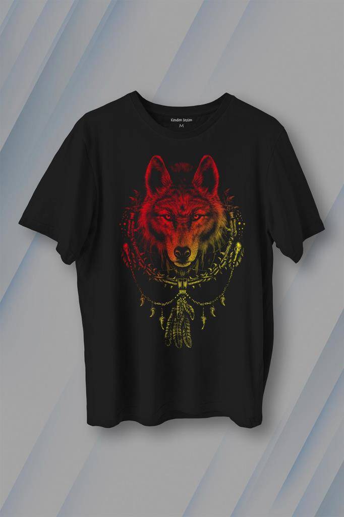 Bozkurt Kurt Kafası Wolf Sarı Kırmızı Baskılı Tişört Unisex T-Shirt - 1