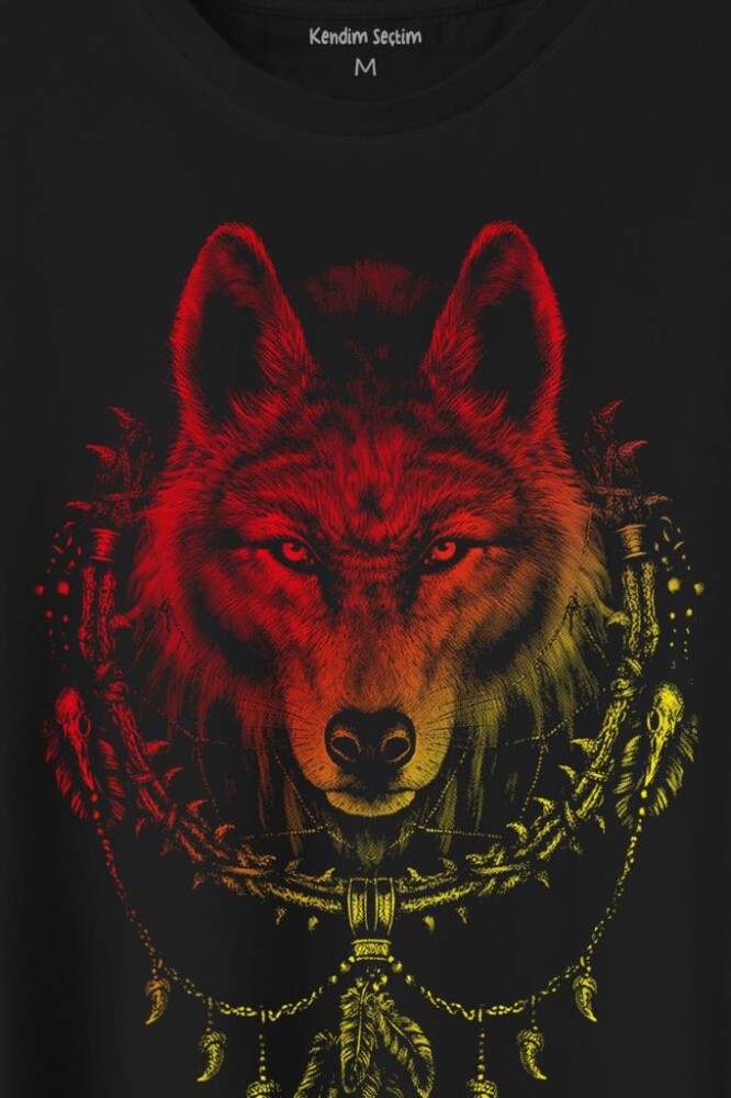 Bozkurt Kurt Kafası Wolf Sarı Kırmızı Baskılı Tişört Unisex T-Shirt (1)