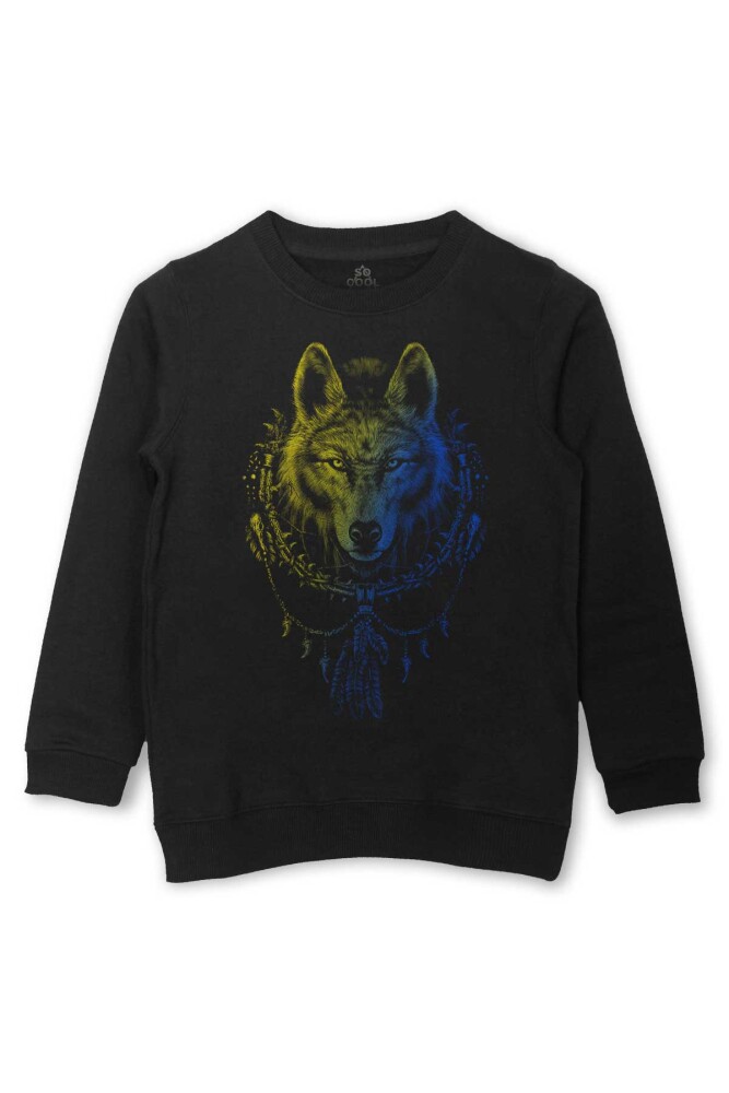 Bozkurt Kurt Kafası Wolf Sarı Lacivert Baskılı Çocuk Sweatshirt Siyah Sweat - 1