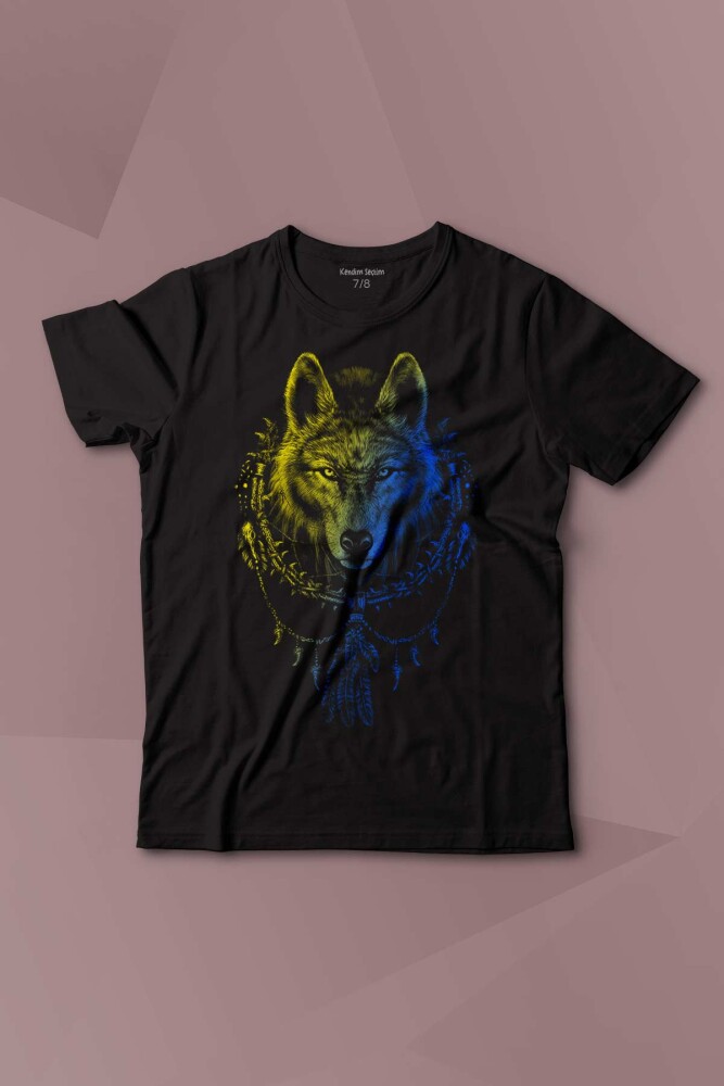 Bozkurt Kurt Kafası Wolf Sarı Lacivert Baskılı Çocuk Tişört Kısa Kollu - KENDİM SEÇTİM