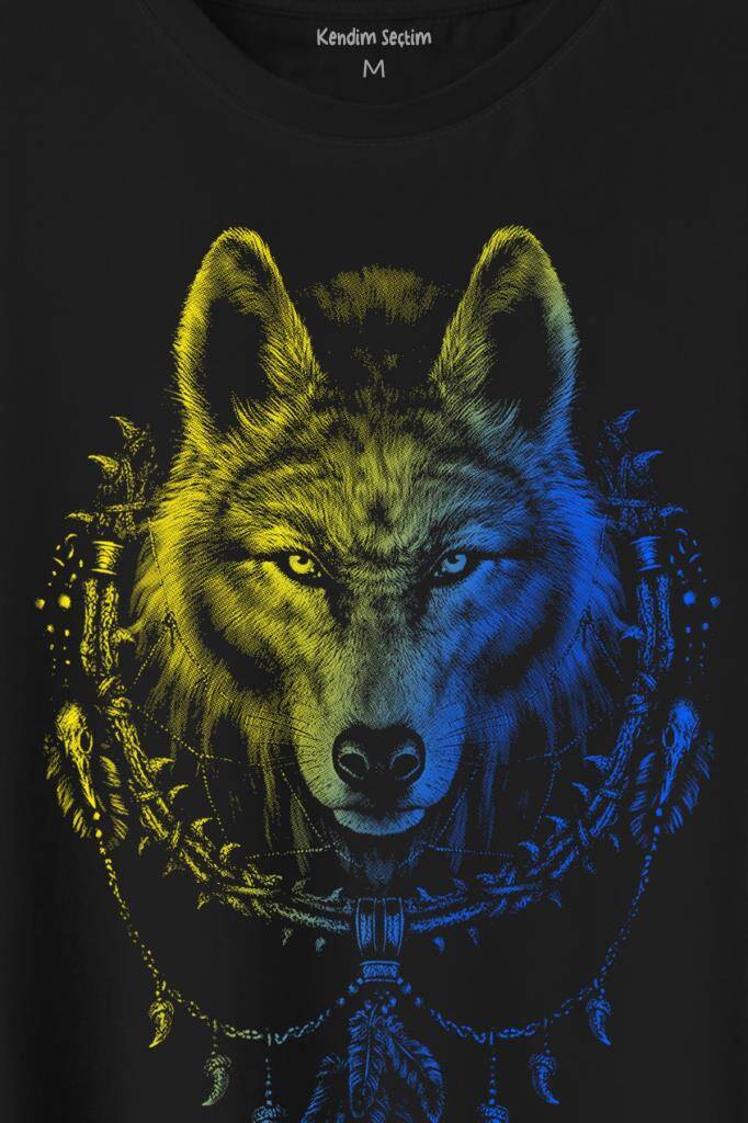 Bozkurt Kurt Kafası Wolf Sarı Lacivert Baskılı Tişört Unisex T-Shirt (1)