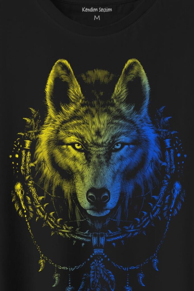 Bozkurt Kurt Kafası Wolf Sarı Lacivert Baskılı Tişört Unisex T-Shirt (1)