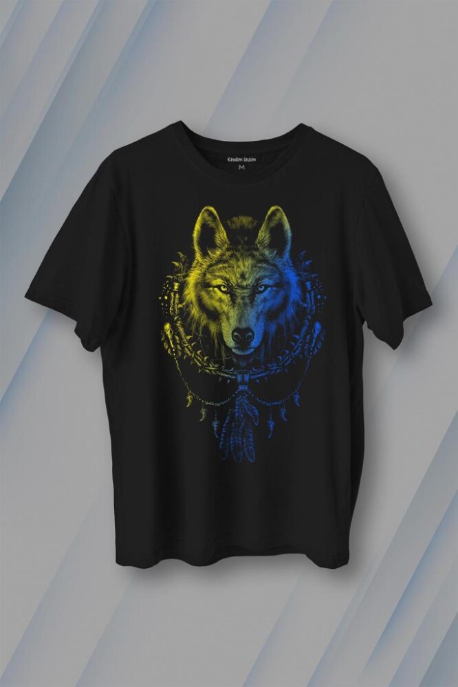 Bozkurt Kurt Kafası Wolf Sarı Lacivert Baskılı Tişört Unisex T-Shirt - KENDİM SEÇTİM