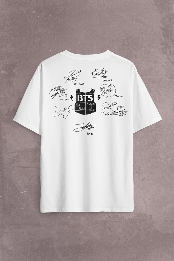 Beyaz Oversize Tişört Bts Bangtan Signature İmza Sırt Ön Baskılı Unisex T-Shirt - 2
