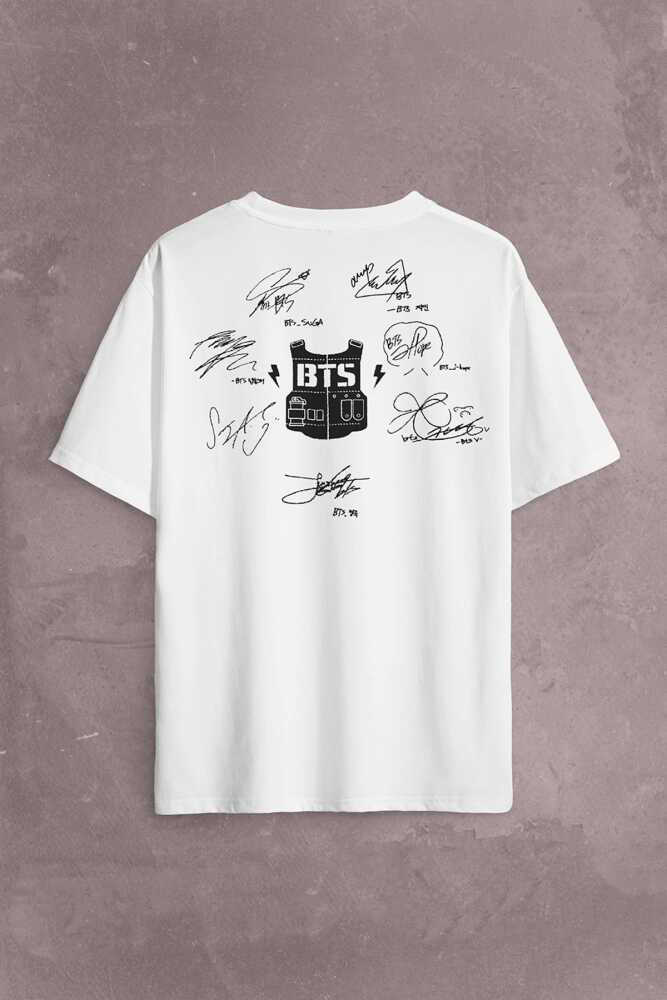 Beyaz Oversize Tişört Bts Bangtan Signature İmza Sırt Ön Baskılı Unisex T-Shirt (1)