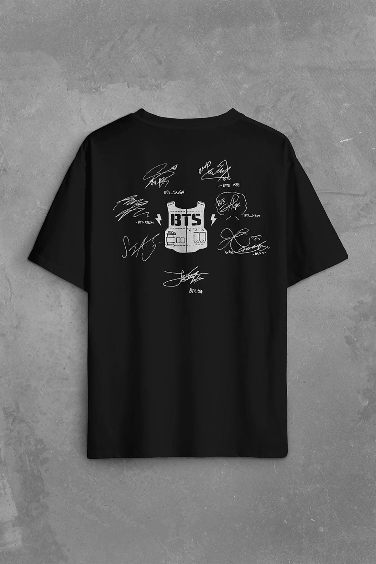 Bts Bangtan Boys Signature Signs İmza Sırt Ön Baskılı Oversize Tişört Unisex T-Shirt - 2