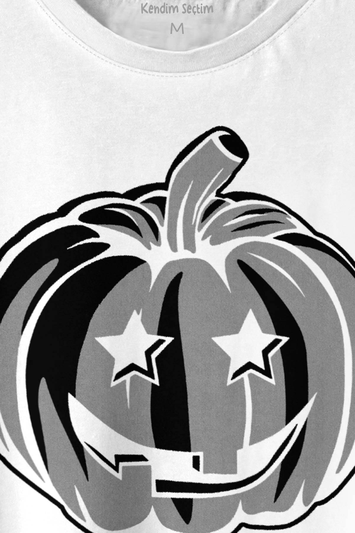 Cadılar Bayramı Halloween Bal Kabağı Surat Beyaz Baskılı Tişört Unisex T-shirt (1)