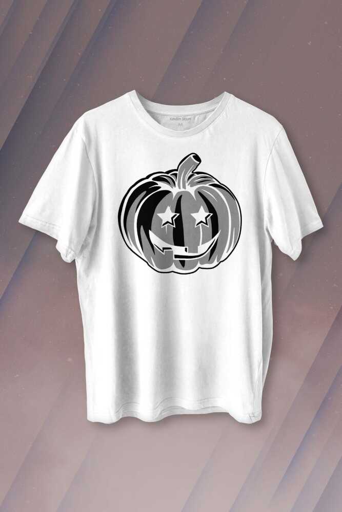 Cadılar Bayramı Halloween Bal Kabağı Surat Beyaz Baskılı Tişört Unisex T-shirt - 1