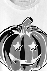 Cadılar Bayramı Halloween Bal Kabağı Surat Beyaz Baskılı Tişört Unisex T-shirt - 2