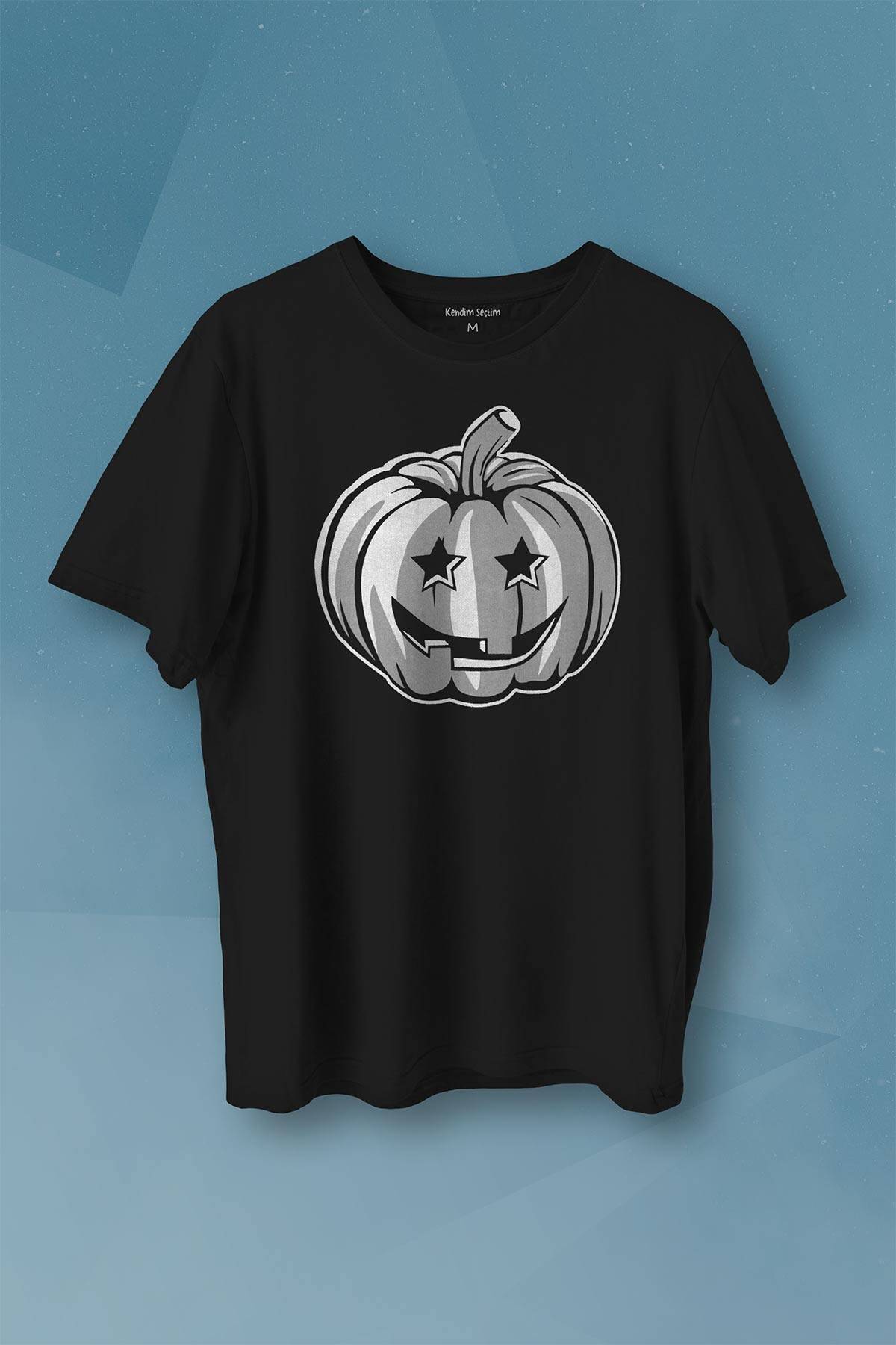 Cadılar Bayramı Halloween Bal Kabağı Surat Beyaz Baskılı Tişört Unisex T-shirt - 1