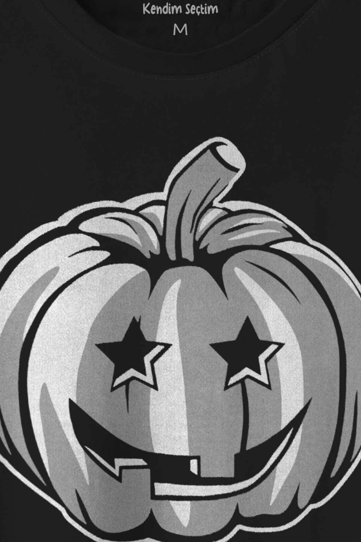 Cadılar Bayramı Halloween Bal Kabağı Surat Beyaz Baskılı Tişört Unisex T-shirt (1)