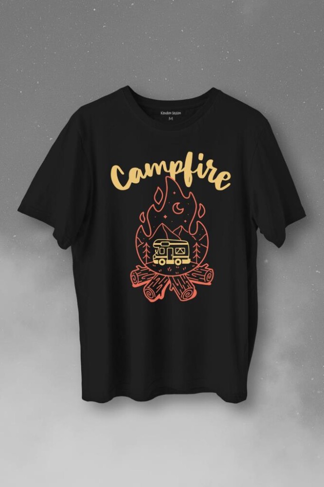 Camping Fire Kamp Ateşi Outdoor Travel Gezgin Baskılı Tişört Unisex T-Shirt - 1