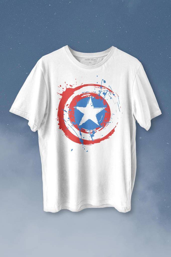 Captain America Kaptan Amerika Kalkan Logo Baskılı Tişört Unisex T-shirt - 1
