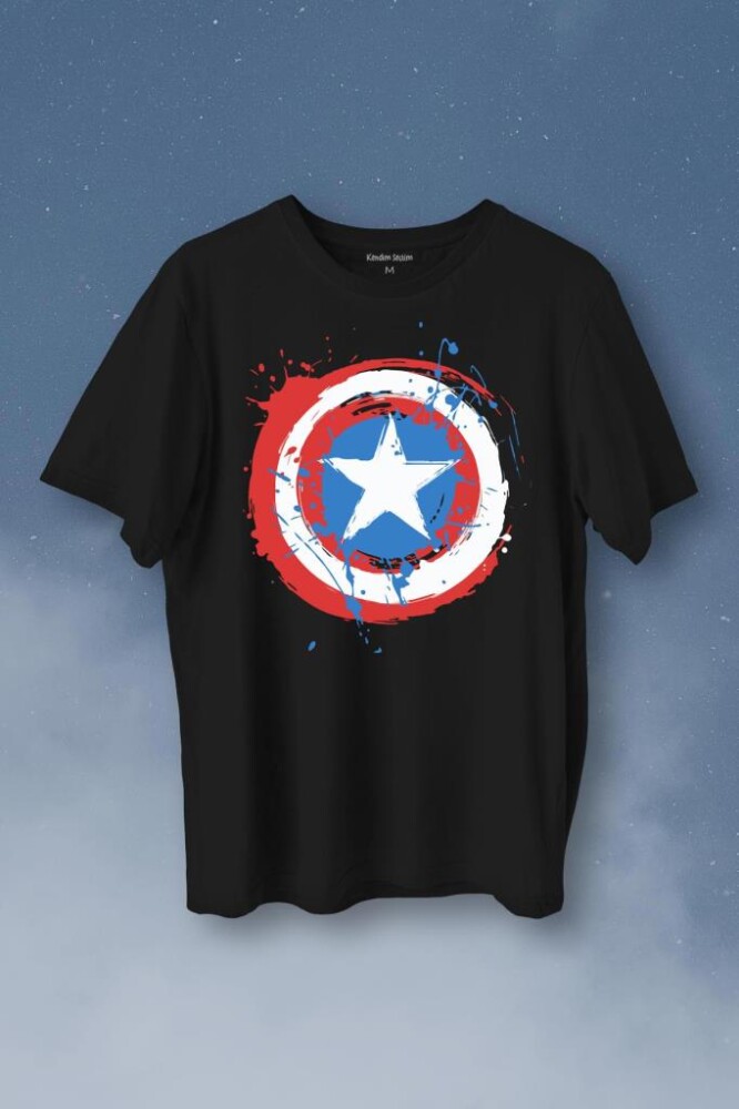 Captain America Kaptan Amerika Kalkan Logo Baskılı Tişört Unisex T-Shirt - 1