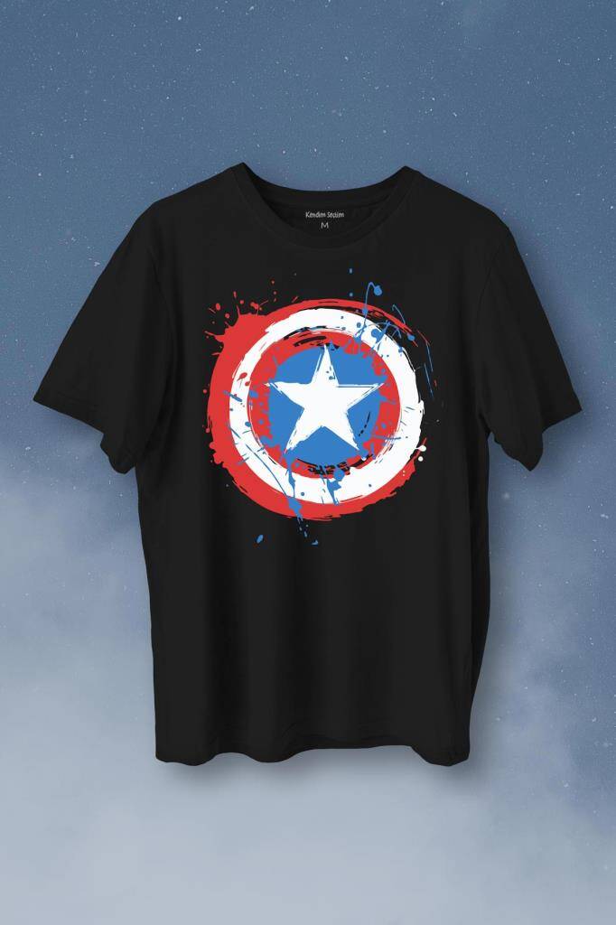 Captain America Kaptan Amerika Kalkan Logo Baskılı Tişört Unisex T-Shirt - 1