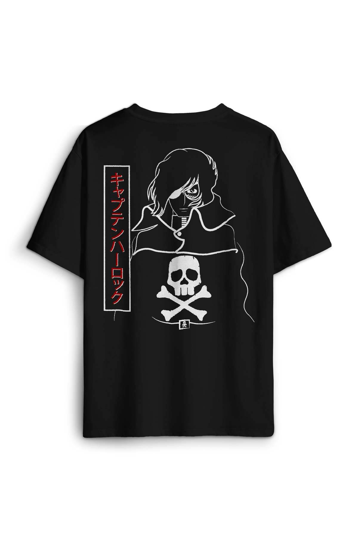 Captain Harlock Anime Retro Uzay Korsanı Tshirt Baskılı Oversize T-shirt Siyah Unisex Tişört - 1