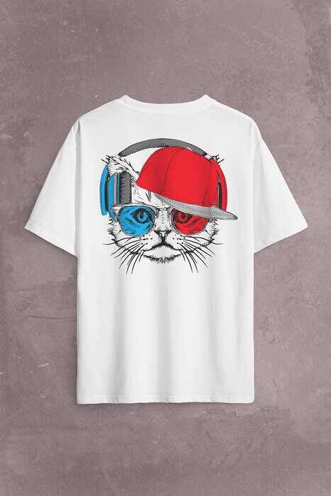 Cat Glasses Gözlüklü Bordo Mavi Kedi Sırt Ön Baskılı Oversize Tişört Unisex T-Shirt - 1