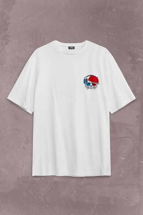 Cat Glasses Gözlüklü Bordo Mavi Kedi Sırt Ön Baskılı Oversize Tişört Unisex T-Shirt - 2