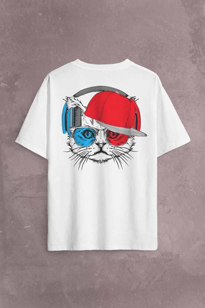 Cat Glasses Gözlüklü Bordo Mavi Kedi Sırt Ön Baskılı Oversize Tişört Unisex T-Shirt - KENDİM SEÇTİM