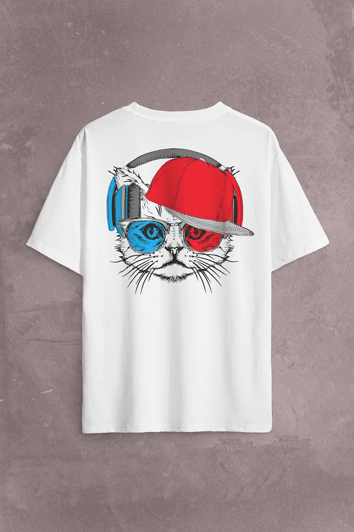 Cat Glasses Gözlüklü Bordo Mavi Kedi Sırt Ön Baskılı Oversize Tişört Unisex T-Shirt - 1