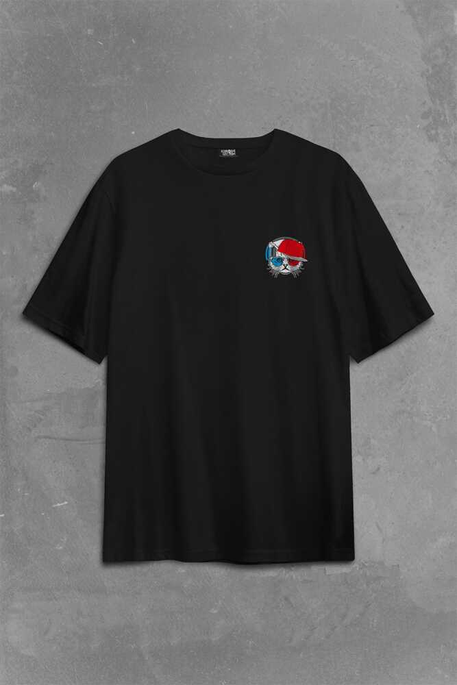 Cat Glasses Gözlüklü Bordo Mavi Spor Kedi Sırt Ön Baskılı Oversize Tişört Unisex T-Shirt - 2