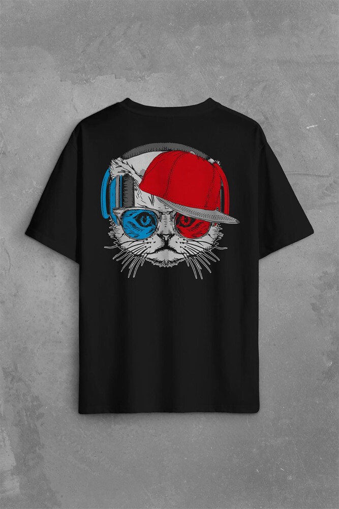 Cat Glasses Gözlüklü Bordo Mavi Spor Kedi Sırt Ön Baskılı Oversize Tişört Unisex T-Shirt - KENDİM SEÇTİM