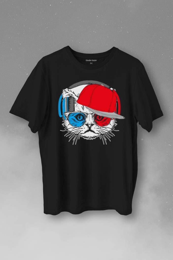 Cat Glasses Gözlüklü Bordo Mavi Spor Trabzon Kedi Baskılı Tişört Unisex T-Shirt - 1