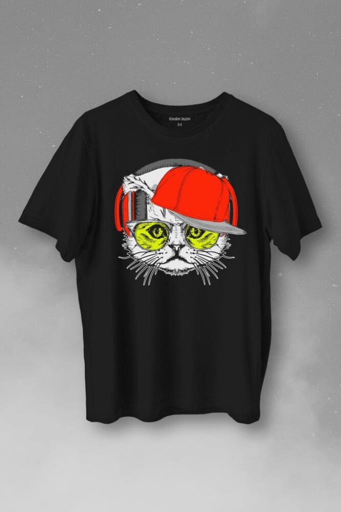 Cat Glasses Gözlüklü Kırmızı Kedi Baskılı Tişört Unisex T-Shirt - 1