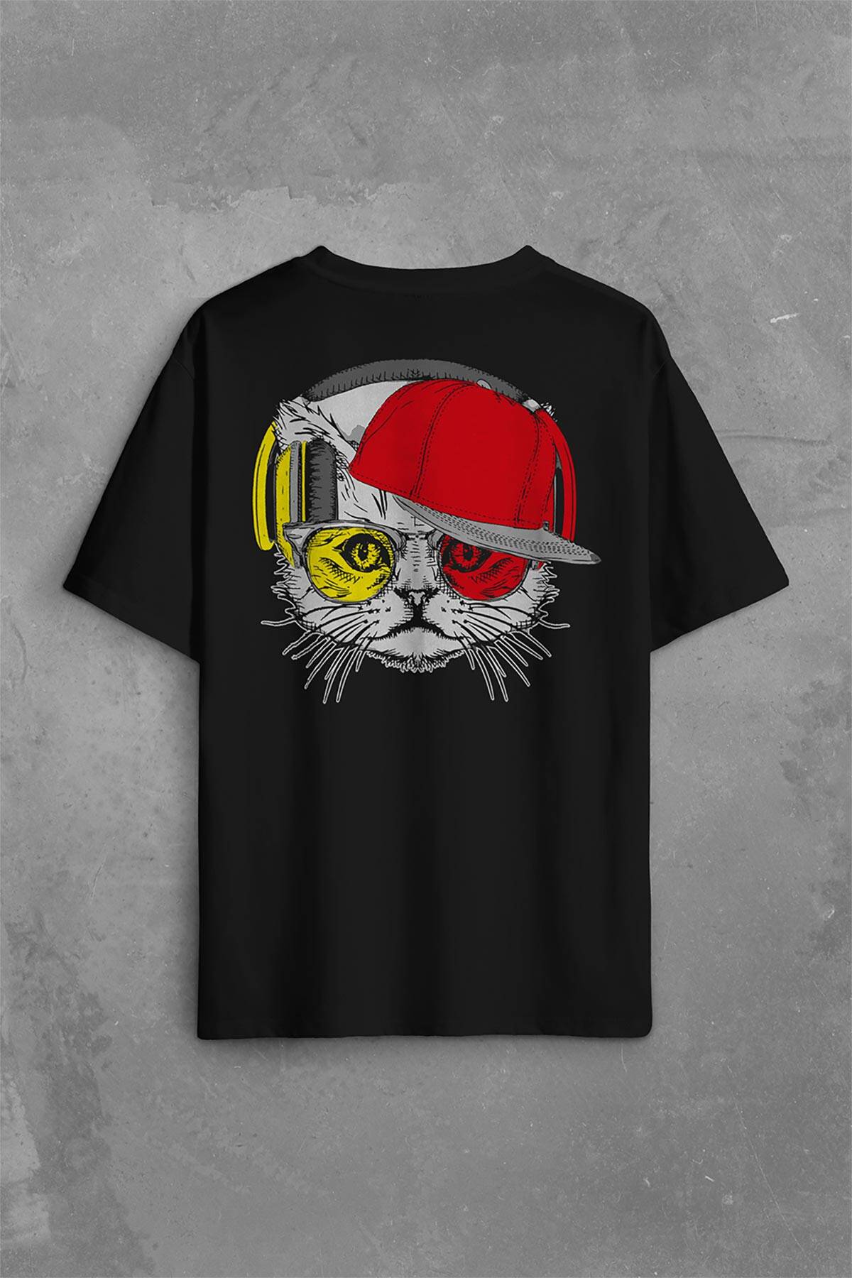 Cat Glasses Gözlüklü Sarı Kırmızı Kedi Sırt Ön Baskılı Oversize Tişört Unisex T-Shirt - 1