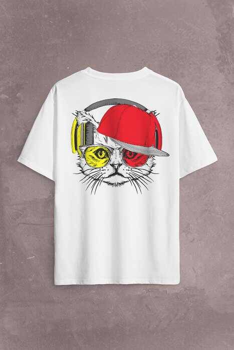 Cat Glasses Gözlüklü Sarı Kırmızı Kedi Sırt Ön Baskılı Oversize Tişört Unisex T-Shirt - 1