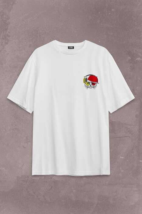 Cat Glasses Gözlüklü Sarı Kırmızı Kedi Sırt Ön Baskılı Oversize Tişört Unisex T-Shirt - 2
