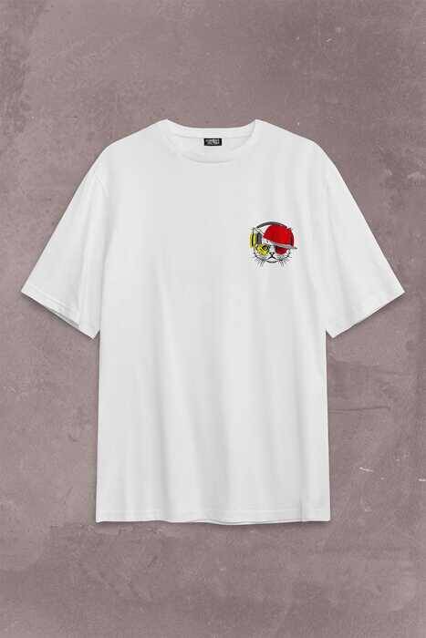 Cat Glasses Gözlüklü Sarı Kırmızı Kedi Sırt Ön Baskılı Oversize Tişört Unisex T-Shirt - 2