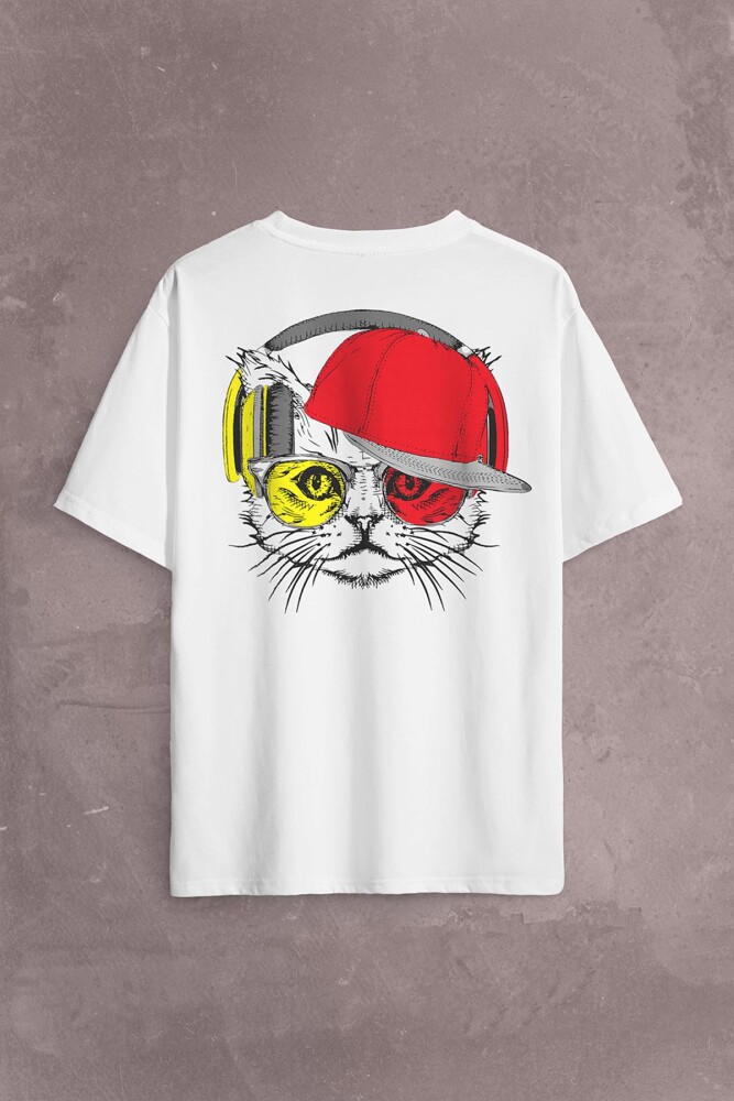 Cat Glasses Gözlüklü Sarı Kırmızı Kedi Sırt Ön Baskılı Oversize Tişört Unisex T-Shirt - 1