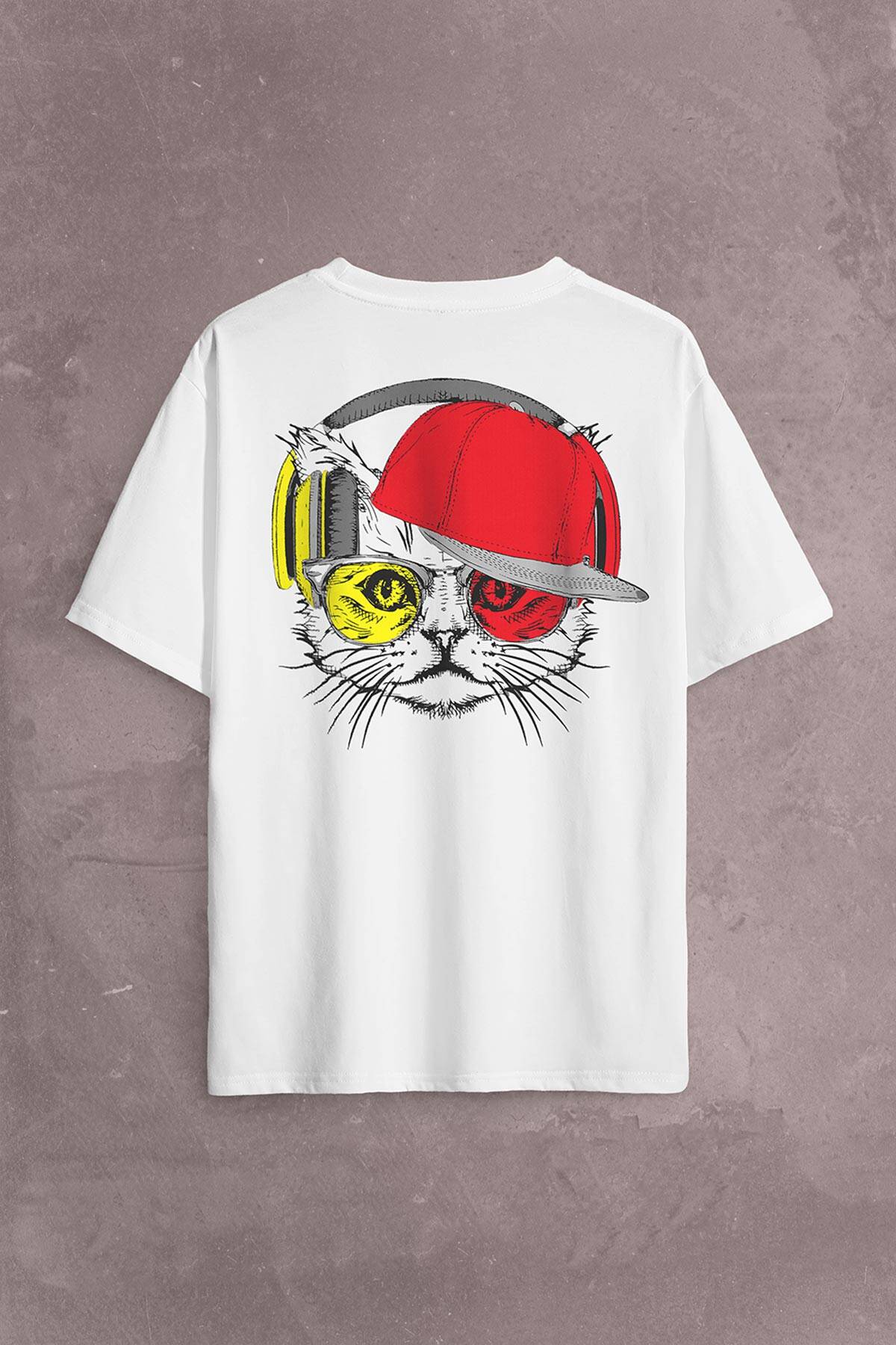 Cat Glasses Gözlüklü Sarı Kırmızı Kedi Sırt Ön Baskılı Oversize Tişört Unisex T-Shirt - 1