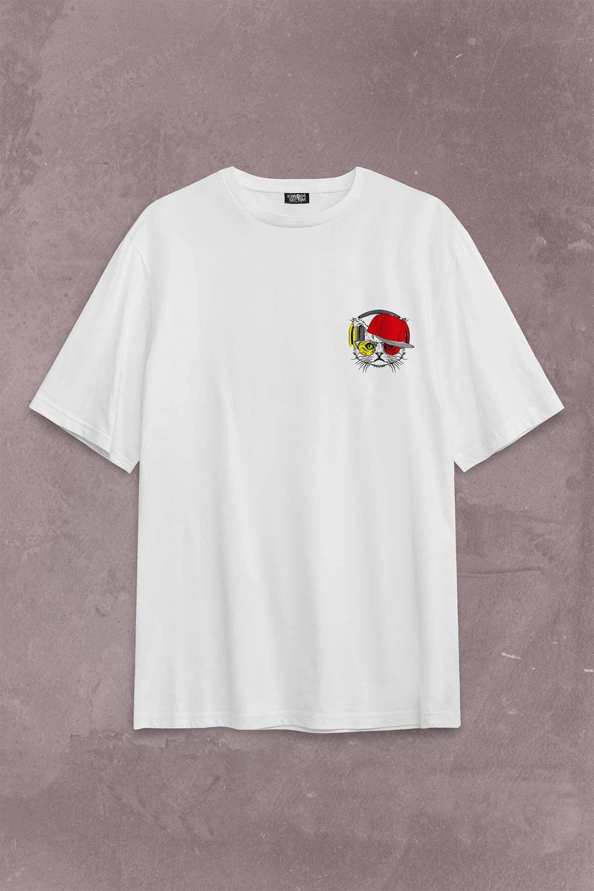 Cat Glasses Gözlüklü Sarı Kırmızı Kedi Sırt Ön Baskılı Oversize Tişört Unisex T-Shirt - 2