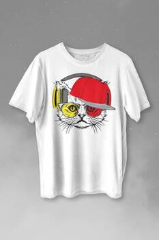 Cat Glasses Gözlüklü Sarı Kırmızı Kedi Baskılı Tişört Unisex T-shirt - 1