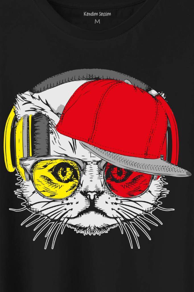 Cat Glasses Gözlüklü Sarı Kırmızı Kırmızı Kedi Baskılı Tişört Unisex T-Shirt (1)