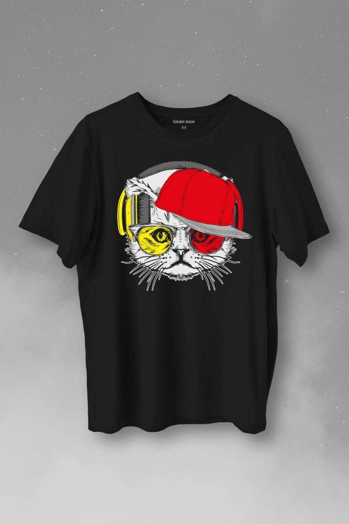 Cat Glasses Gözlüklü Sarı Kırmızı Kırmızı Kedi Baskılı Tişört Unisex T-Shirt - 1