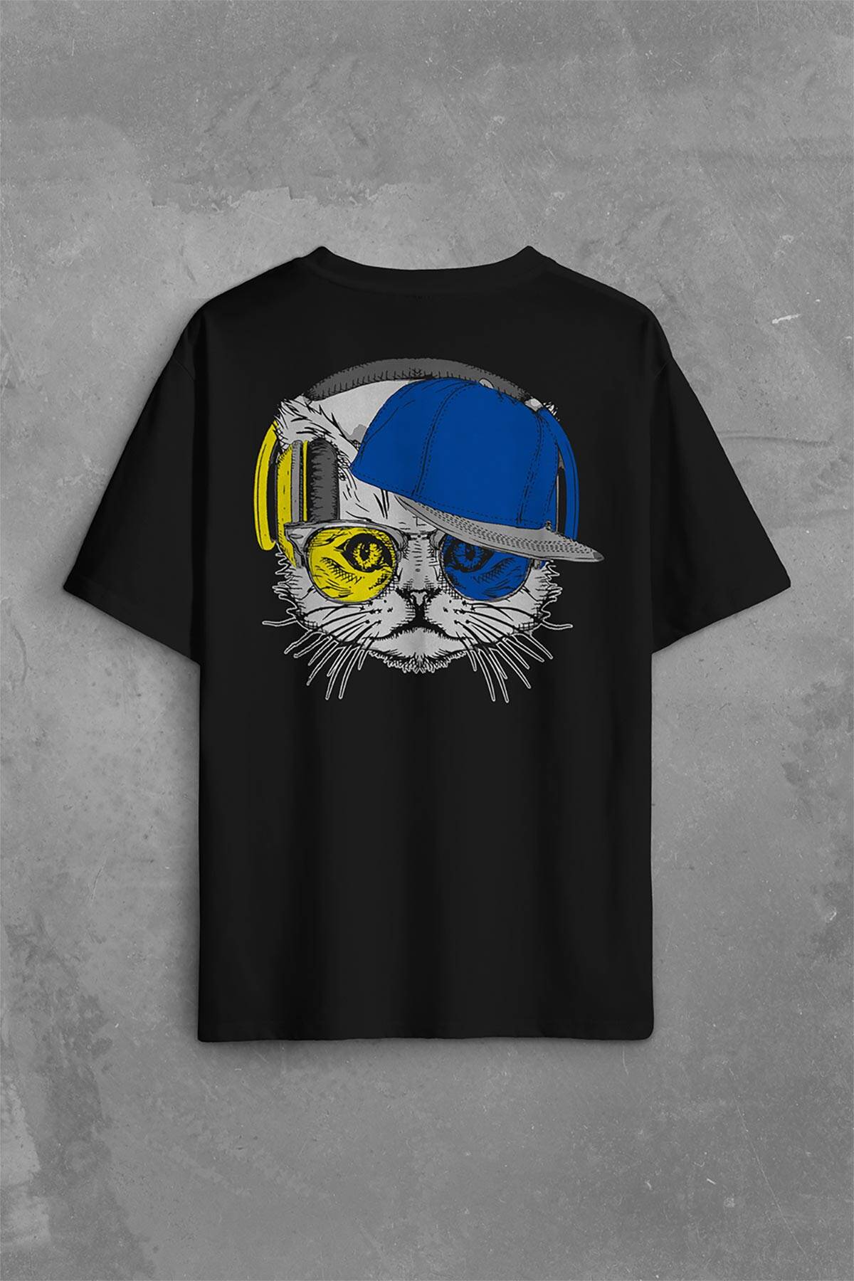 Cat Glasses Gözlüklü Sarı Lacivert Kedi Sırt Ön Baskılı Oversize Tişört Unisex T-Shirt - 1
