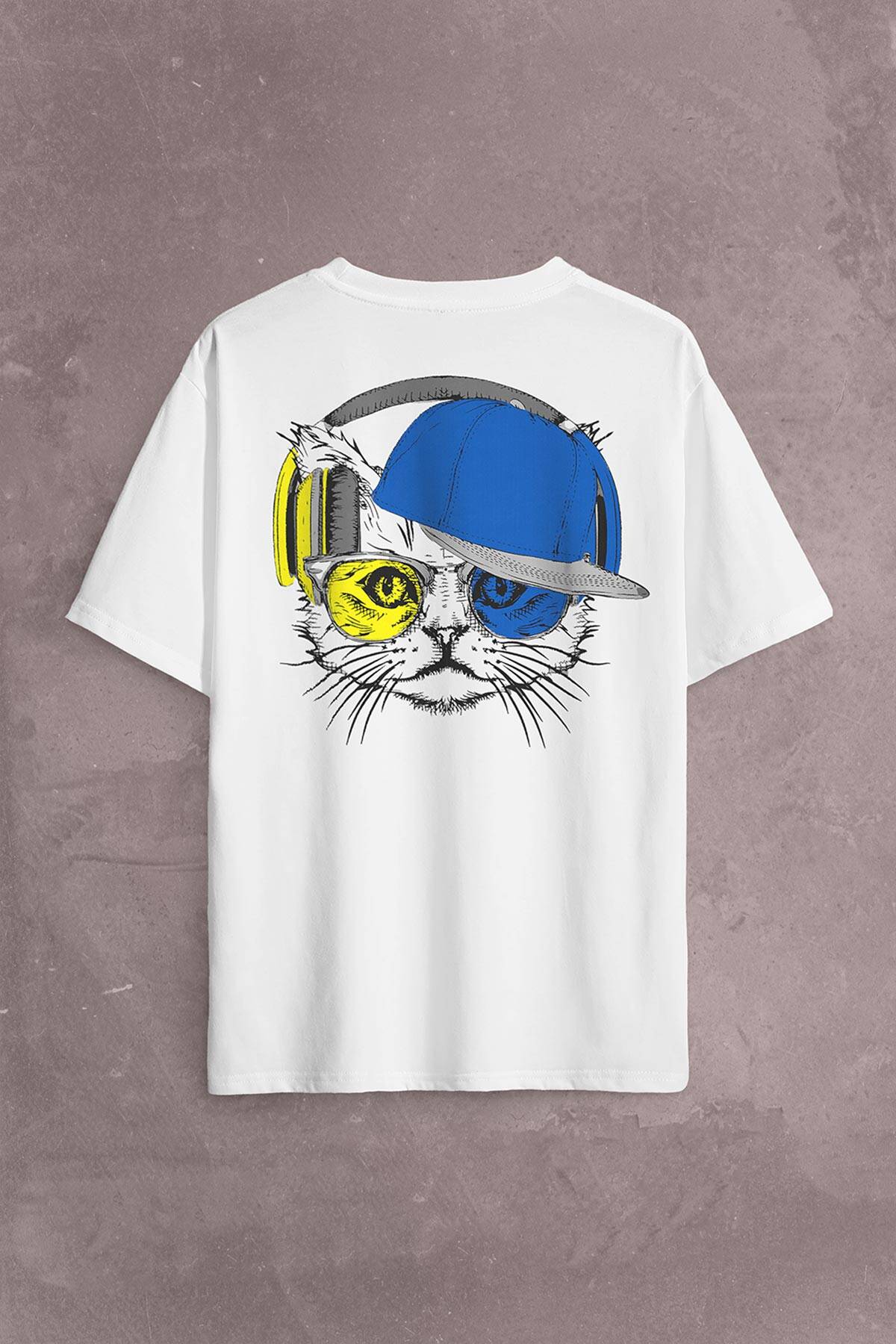 Cat Glasses Gözlüklü Sarı Lacivert Kedi Sırt Ön Baskılı Oversize Tişört Unisex T-Shirt - 1