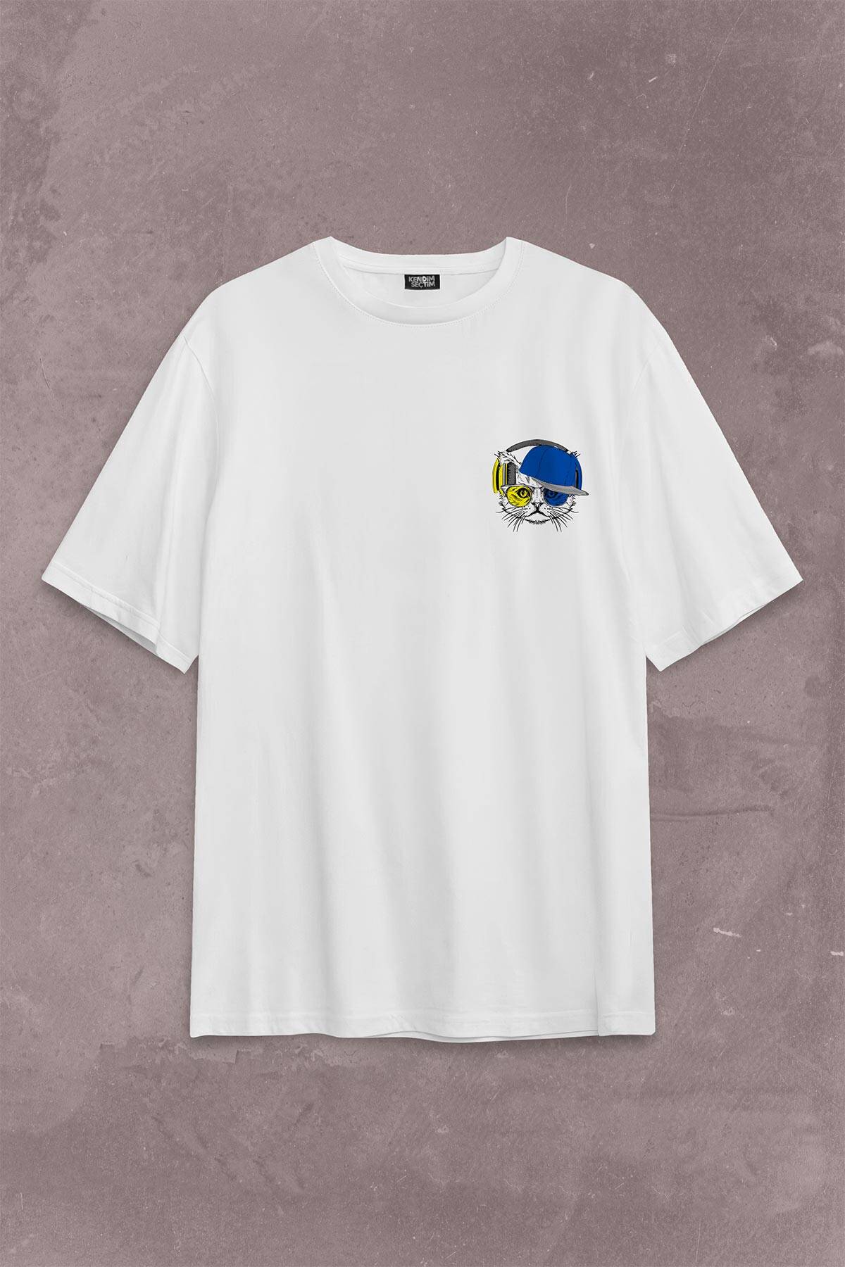 Cat Glasses Gözlüklü Sarı Lacivert Kedi Sırt Ön Baskılı Oversize Tişört Unisex T-Shirt - 2