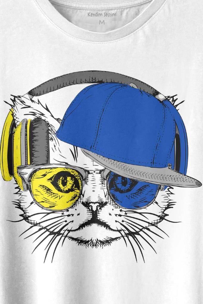 Cat Glasses Gözlüklü Sarı Lacivert Kedi Baskılı Tişört Unisex T-shirt (1)