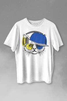 Cat Glasses Gözlüklü Sarı Lacivert Kedi Baskılı Tişört Unisex T-shirt - 1