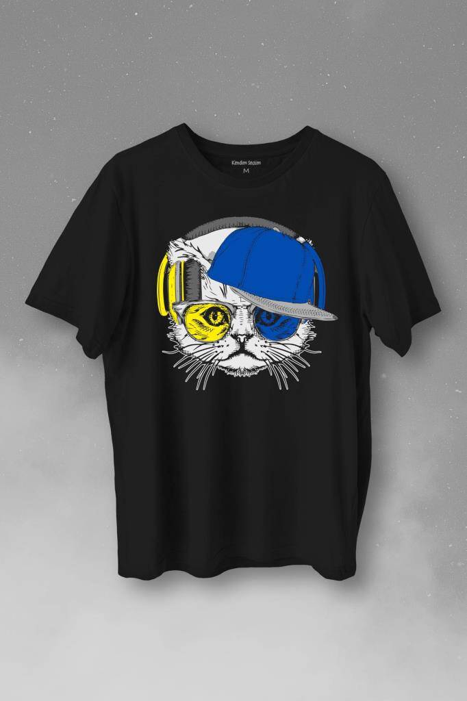 Cat Glasses Gözlüklü Sarı Lacivert Kedi Baskılı Tişört Unisex T-Shirt - 1