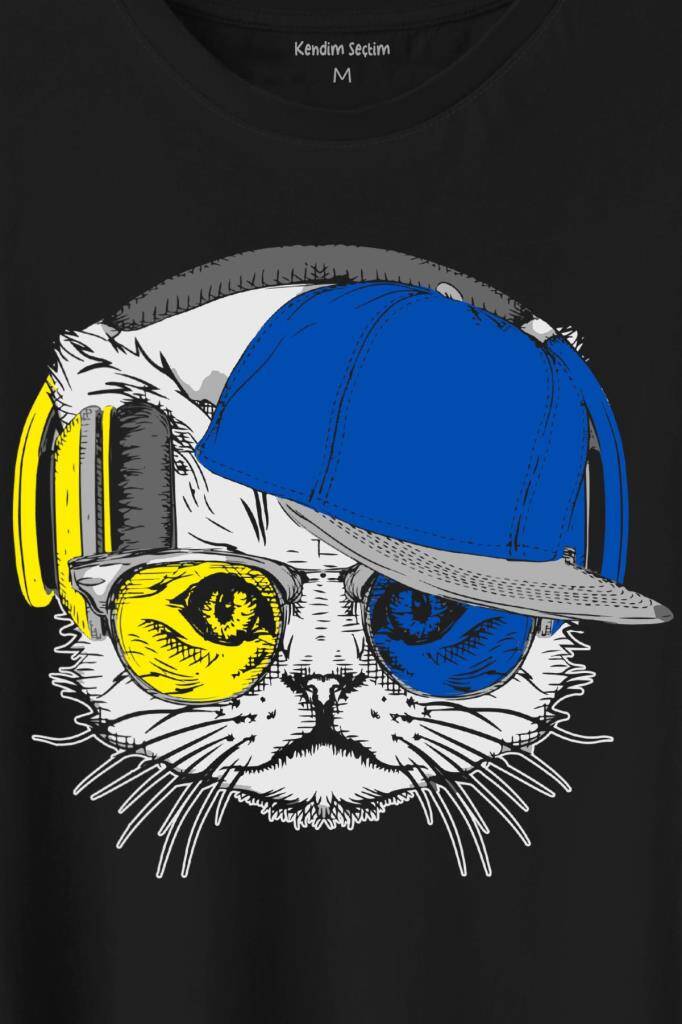 Cat Glasses Gözlüklü Sarı Lacivert Kedi Baskılı Tişört Unisex T-Shirt (1)