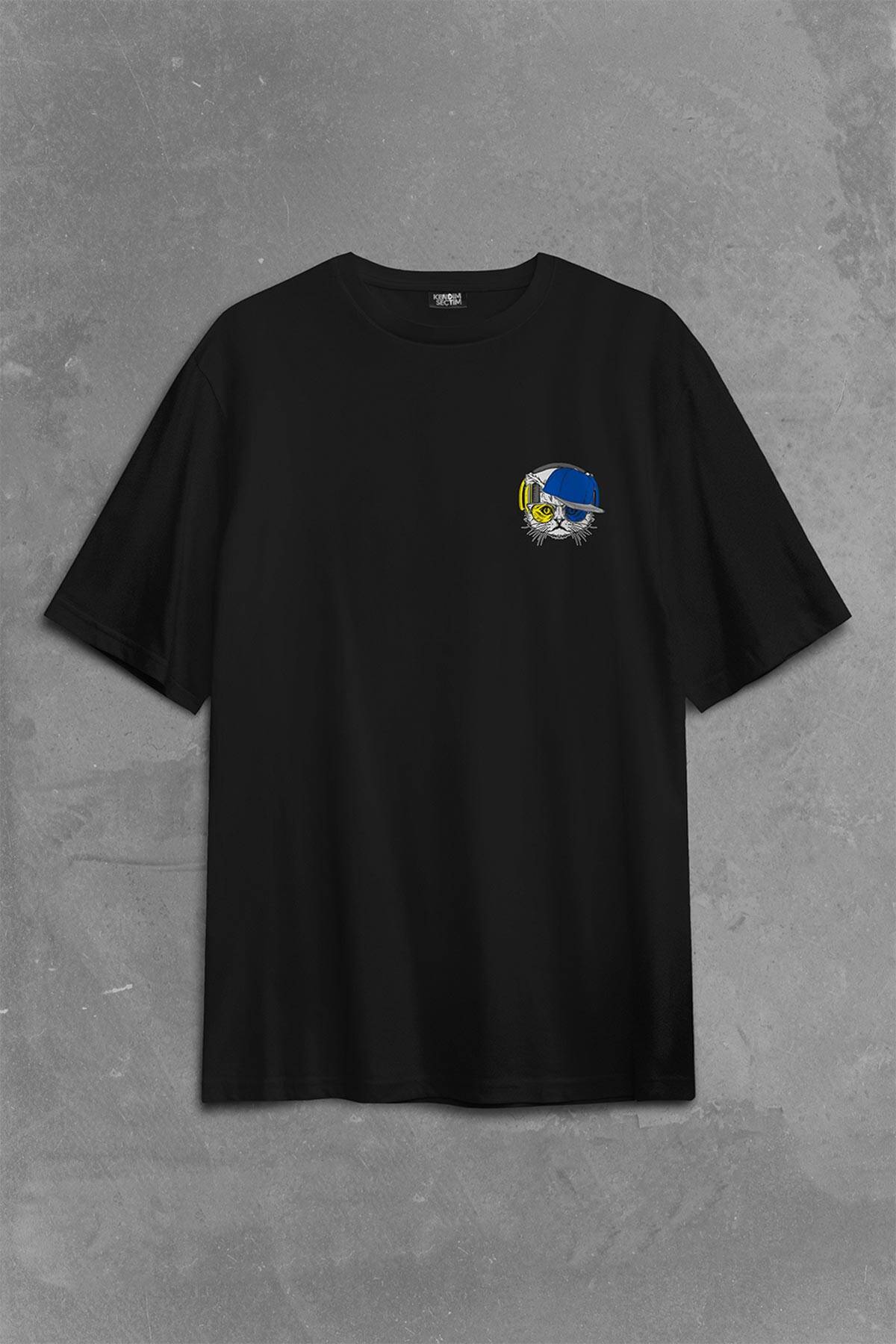 Cat Glasses Gözlüklü Sarı Lacivert Kedi Sırt Ön Baskılı Oversize Tişört Unisex T-Shirt (1)