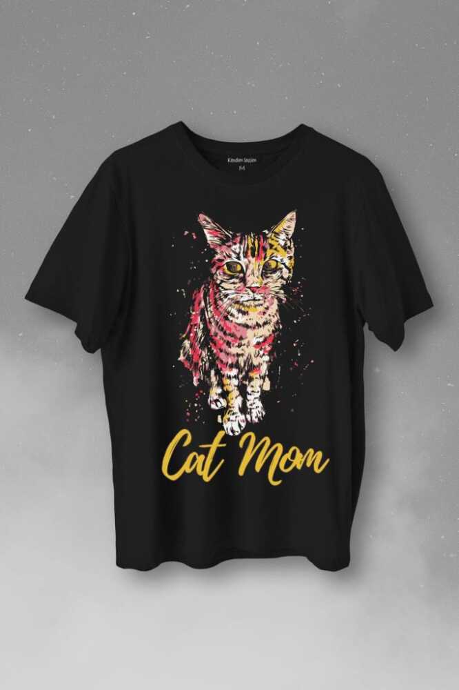 Cat Mom Kedi Mother Annesi Sevimli Masum Rengarenk Kedi Çizim Silüeti Baskılı Tişört Unisex T-Shirt - 1
